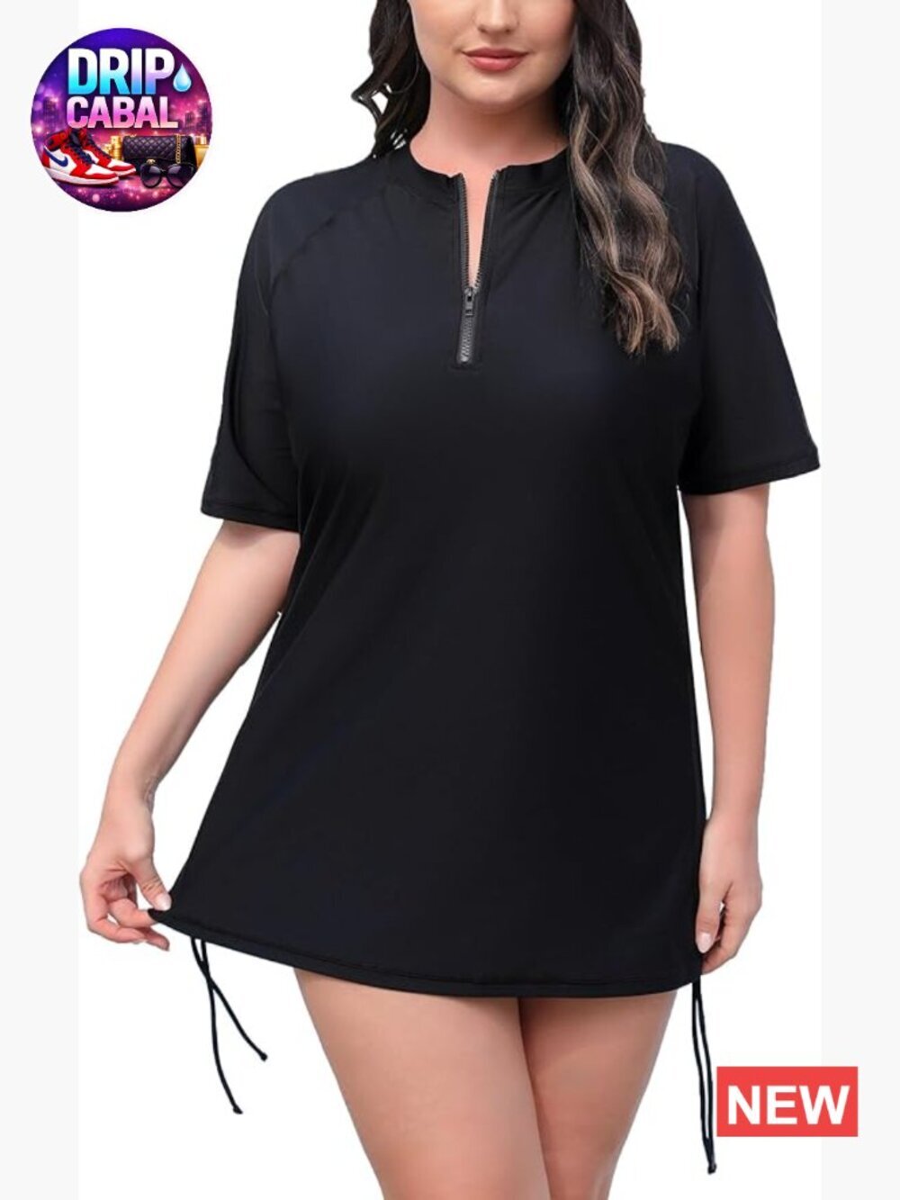Plus Size UPF50+ Half Zip Rash Guard Shirt with Drawstring Swim Top